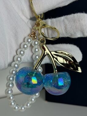 New Iridescent Blue Cherry Keychain with Pearl Loop